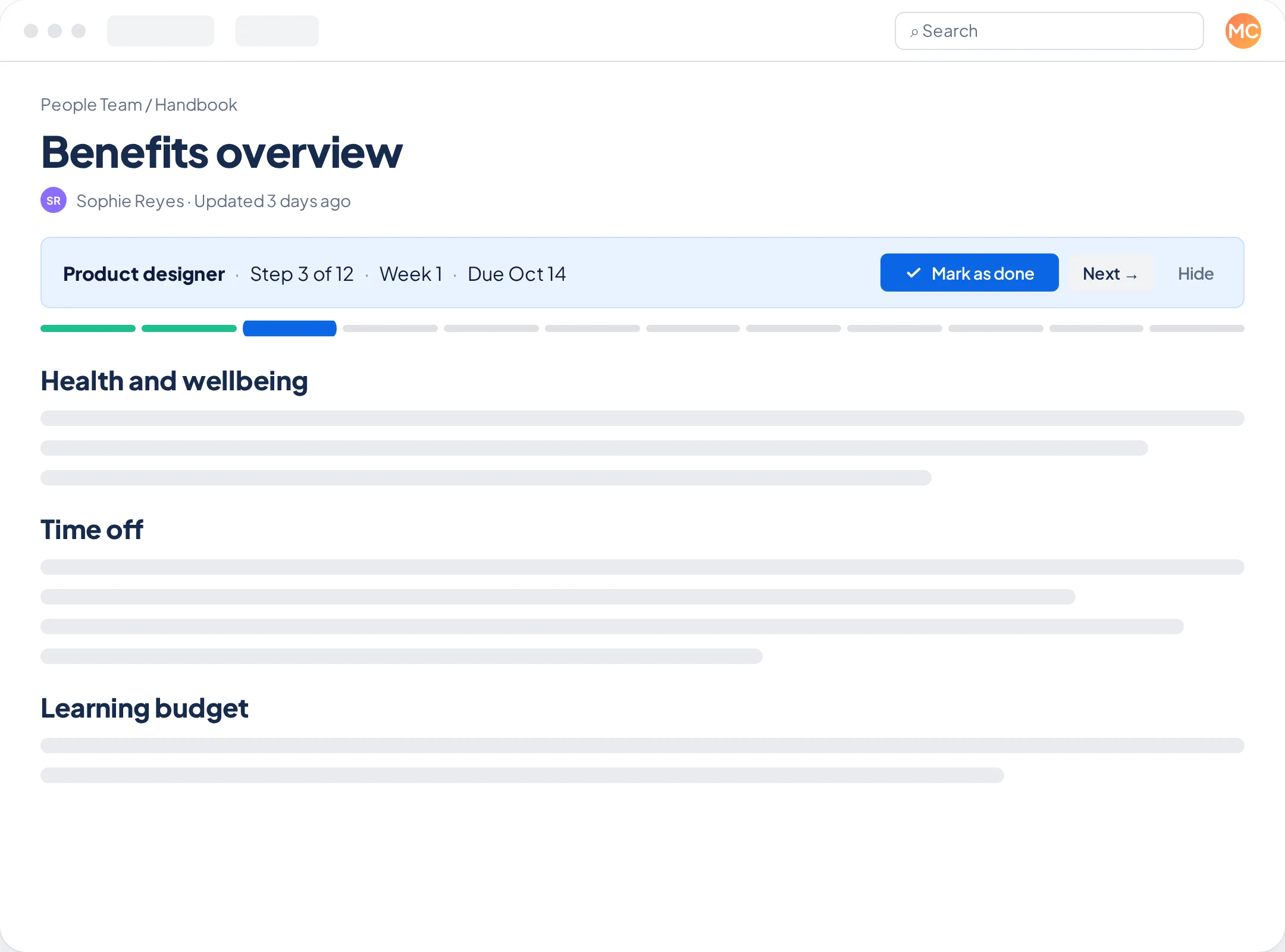 A Confluence page called Benefits overview with the Onboarding Flow banner: Product designer, step 3 of 12, week 1, due October 14, with Mark as done and Next buttons