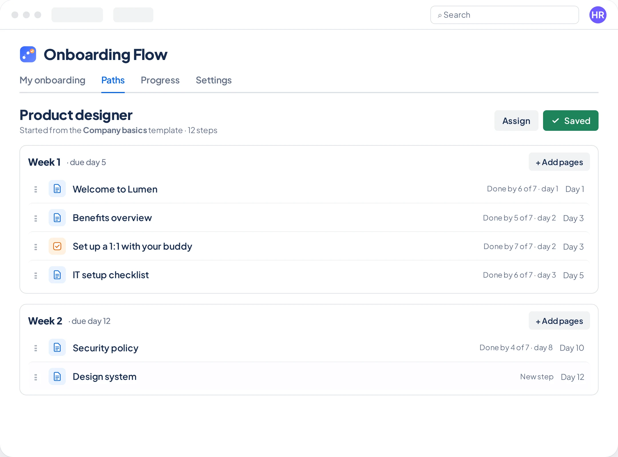 The path builder: a Product designer path with Week 1 and Week 2 sections, page steps, a buddy task and due days